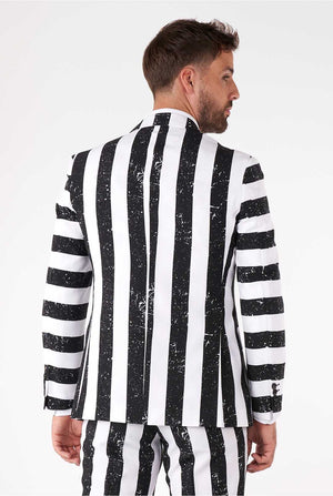 Man wearing striped black and white men's suit