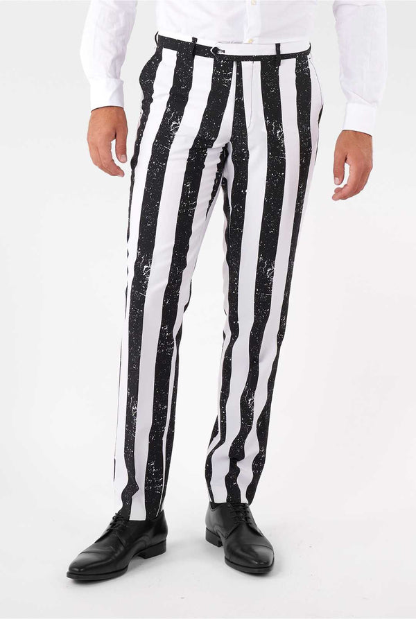 Man wearing striped black and white men's suit