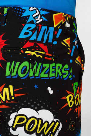 Black men's suit with comic book icons print worn by man