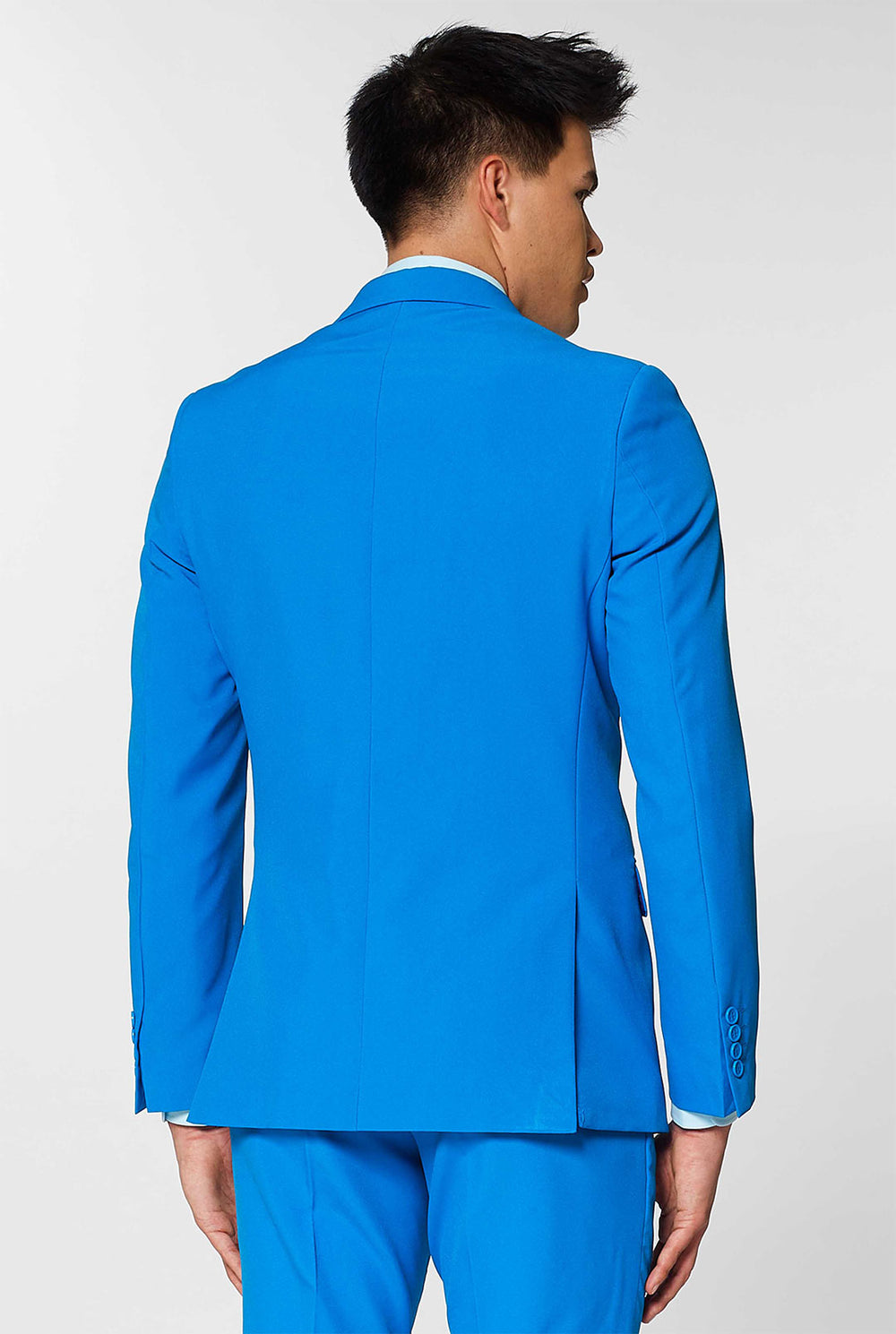 Video of man wearing Blue Steel blue men's suit, showing suit like a model. Suit consists of blazer, pant and tie.