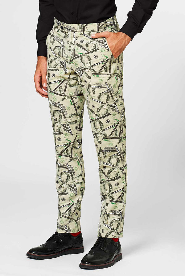 Man wearing men's suit with dollar, money print