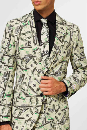 Man wearing men's suit with dollar, money print