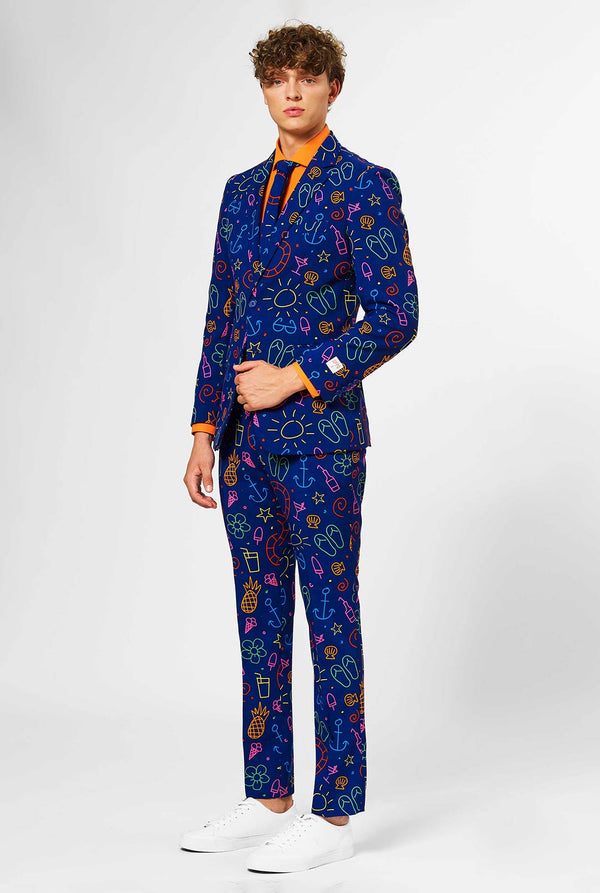 Dark blue men's  suit with bright doodle iconography worn by man