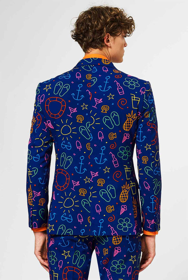 Dark blue men's  suit with bright doodle iconography worn by man