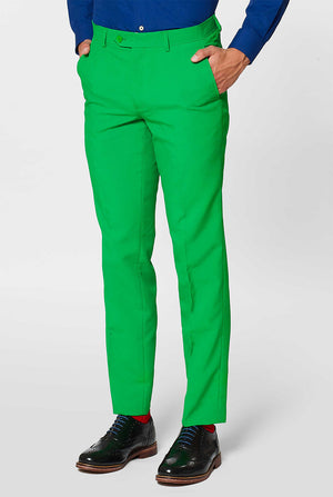 Man wearing green men's suit and dark blue dress shirt