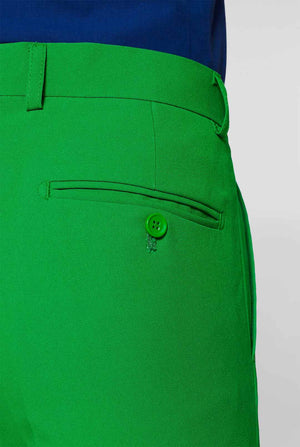 Man wearing green men's suit and dark blue dress shirt