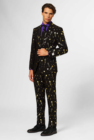 Black men's suit with golden fireworks print worn by man