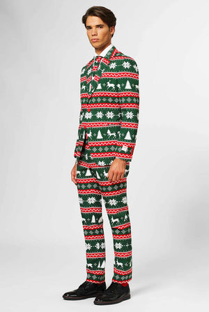 Green and red Christmas themed men's suit worn by man