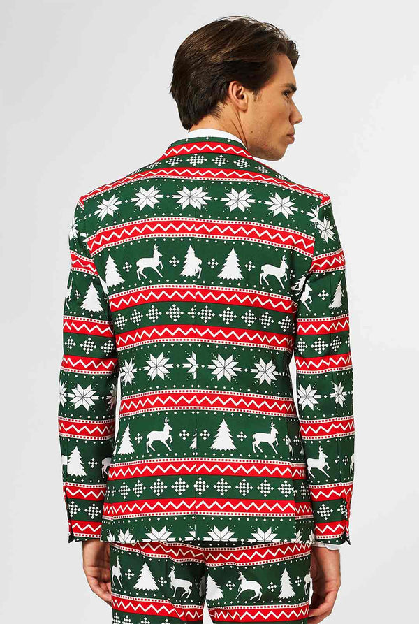 Green and red Christmas themed men's suit worn by man