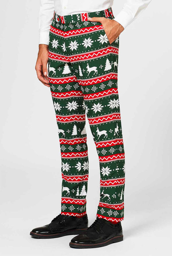 Green and red Christmas themed men's suit worn by man