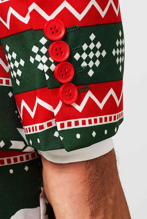 Green and red Christmas themed men's suit worn by man