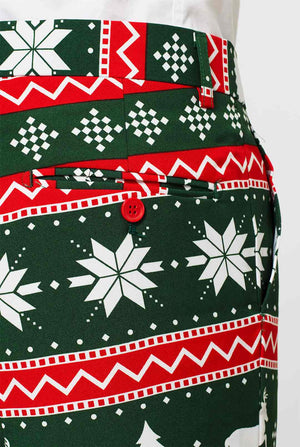 Green and red Christmas themed men's suit worn by man