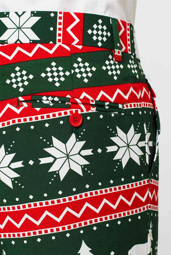 Green and red Christmas themed men's suit worn by man