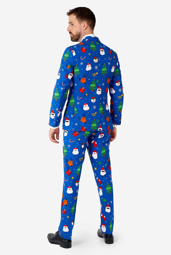 Man wearing blue Christmas suit
