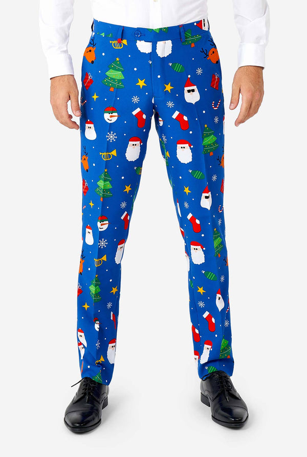 Man wearing blue Christmas suit
