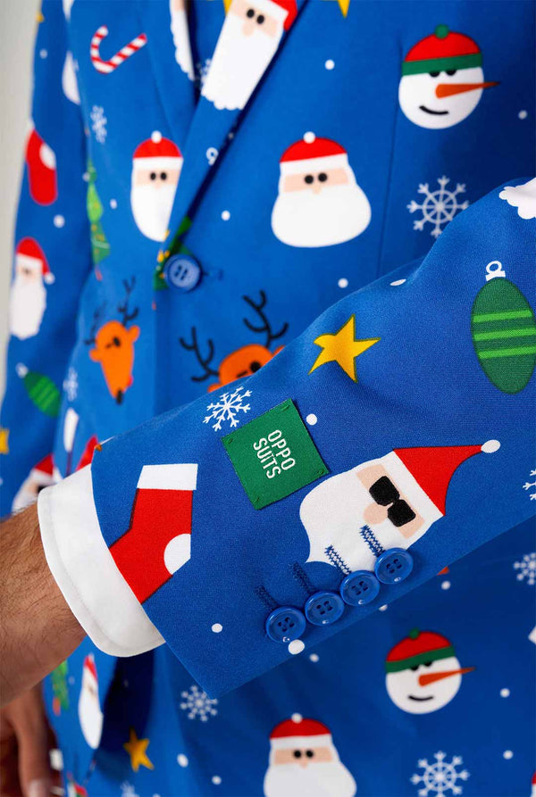 Man wearing blue Christmas suit