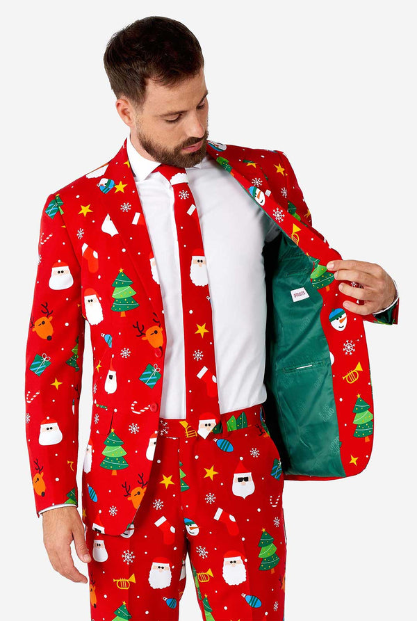 Man wearing red Christmas suit