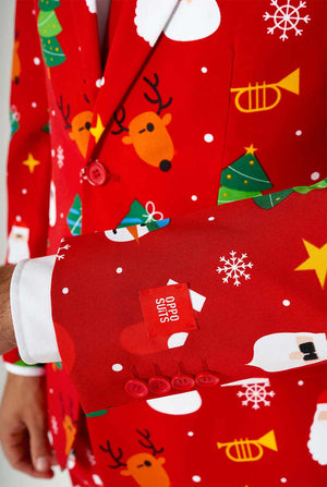 Man wearing red Christmas suit