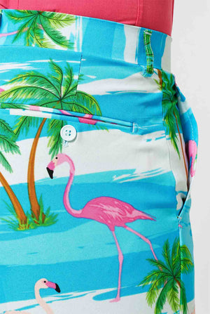 Blue and white men's suit with tropical flamingo print Flaminguy worn by man close up