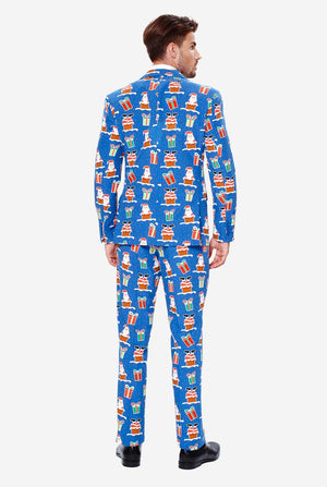 Man wearing blue Christmas suit with Christmas icons