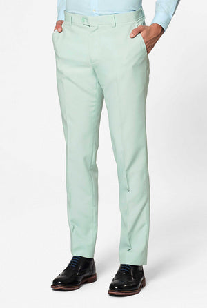 Man wearing pastel mint green colored men's suit, pants view
