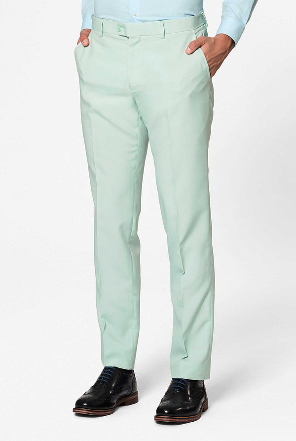 Man wearing pastel mint green colored men's suit, pants view