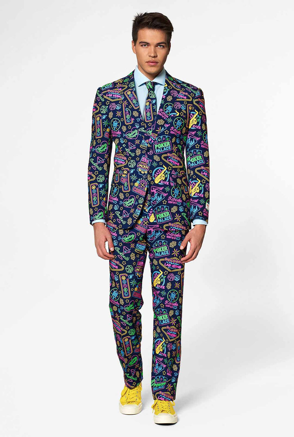Retro Las Vegas Themed Poker men's suit Mr. Vegas worn by man close up looking to the right