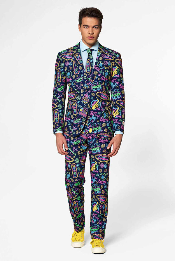 Retro Las Vegas Themed Poker men's suit Mr. Vegas worn by man close up looking to the right