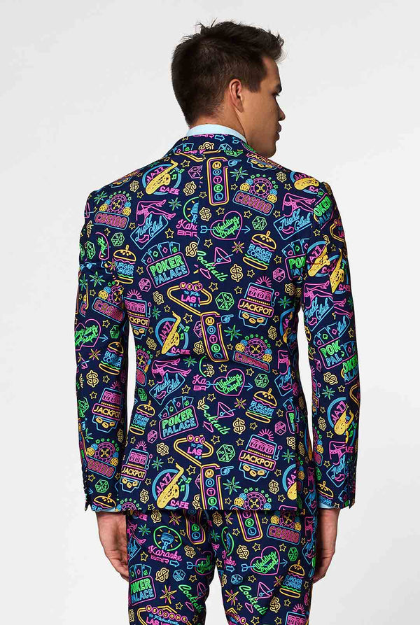 Retro Las Vegas Themed Poker men's suit Mr. Vegas worn by man close up looking to the right