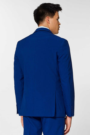 Navy blue men's suit worn by man