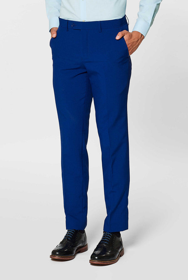 Navy blue men's suit worn by man