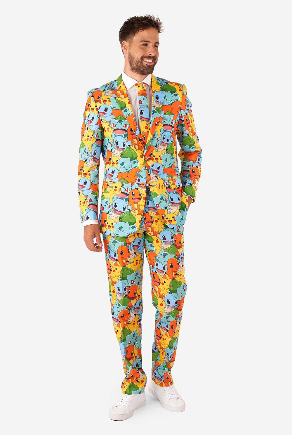 Man wearing suit with Pokémon, Pikachu print