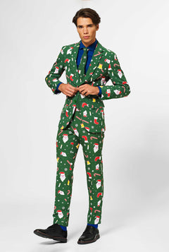 Man wearing green Christmas suit and blue dress shirt