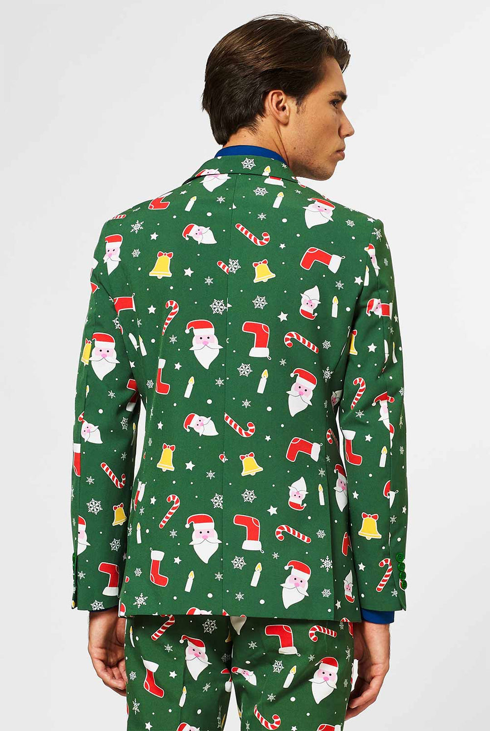 Video of man wearing Santaboss men's Christmas suit, showing suit like a model. Suit consists of blazer, pant and tie.