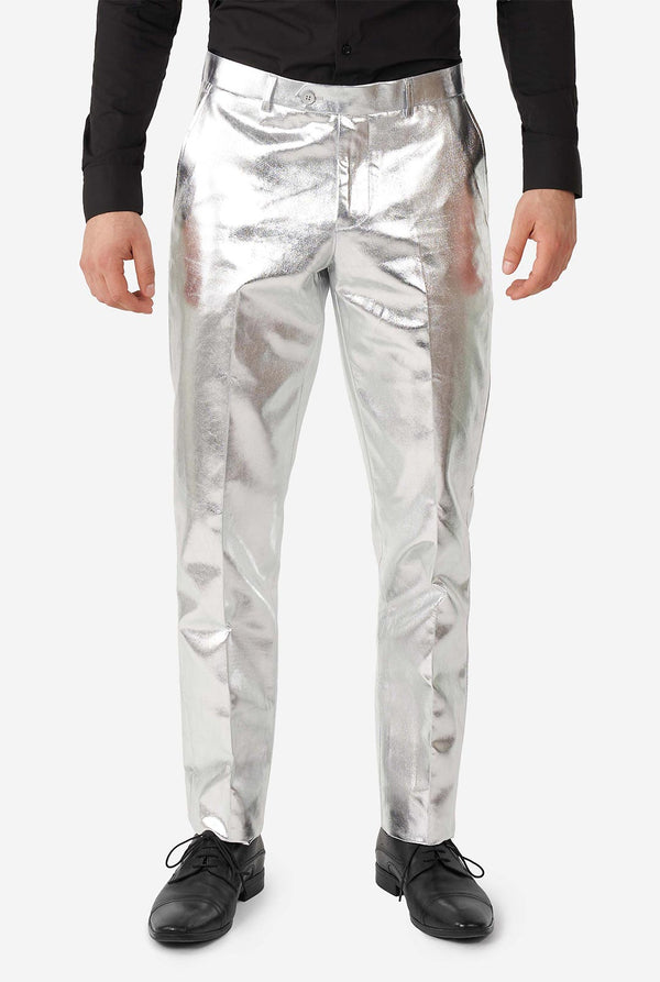 Man wearing shiny silver suit 
