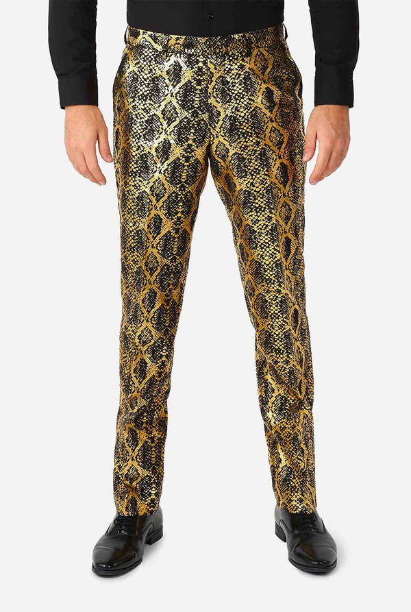 Man wearing suit with, gold and black, snakeskin print