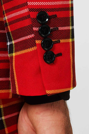 Man wearing red Christmas tartan men's suit