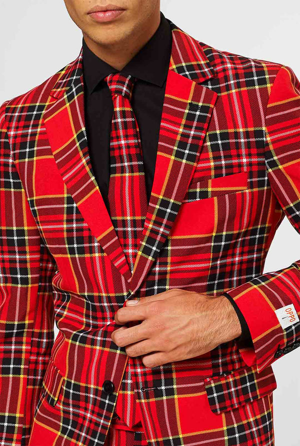 Man wearing red Christmas tartan men's suit