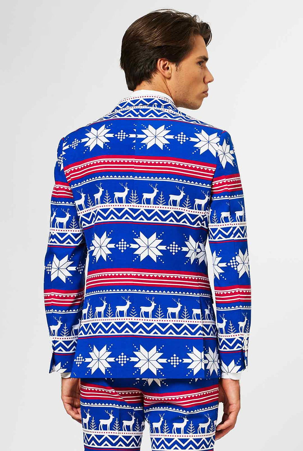 Video of man wearing Rudolph men's Christmas suit, showing suit like a model. Suit consists of blazer, pant and tie.