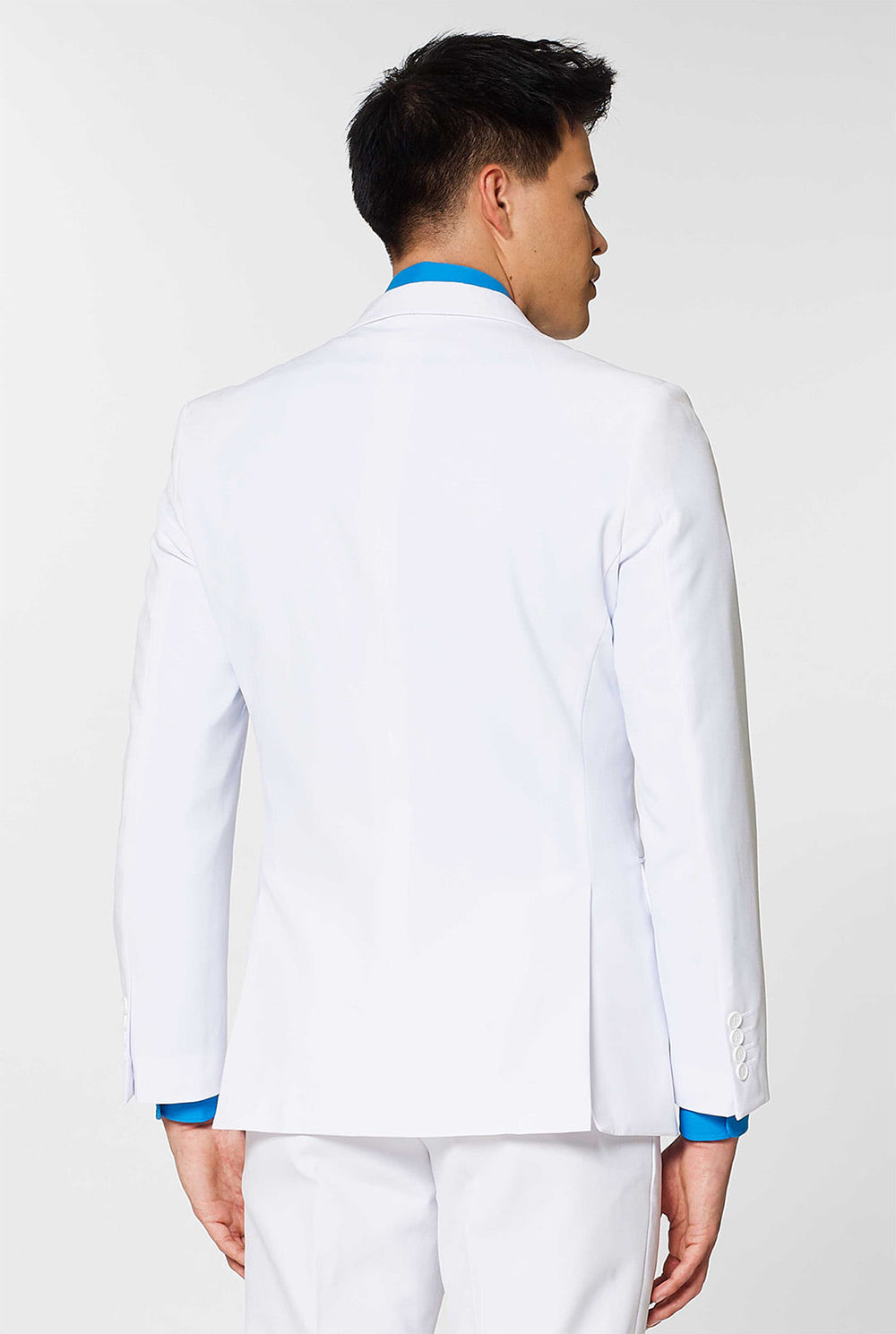 Video of man wearing White Knight, white men's suit, showing suit like a model. Suit consists of blazer, pant and tie.
