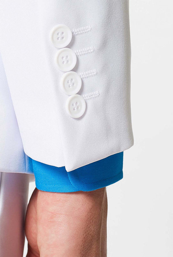 All white men's suit worn by man