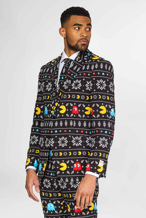 Pac-Man suit with Christmas theme worn by man
