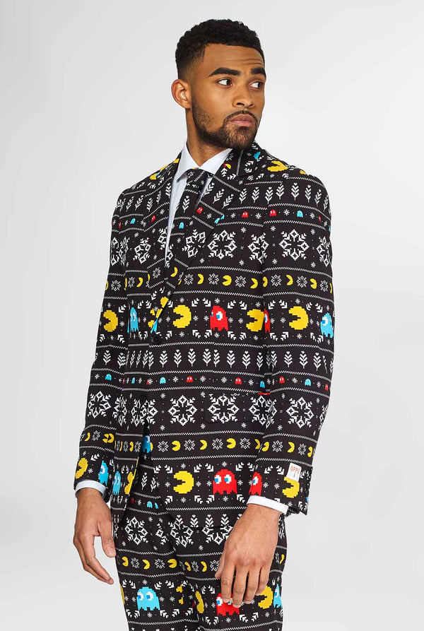 Pac-Man suit with Christmas theme worn by man