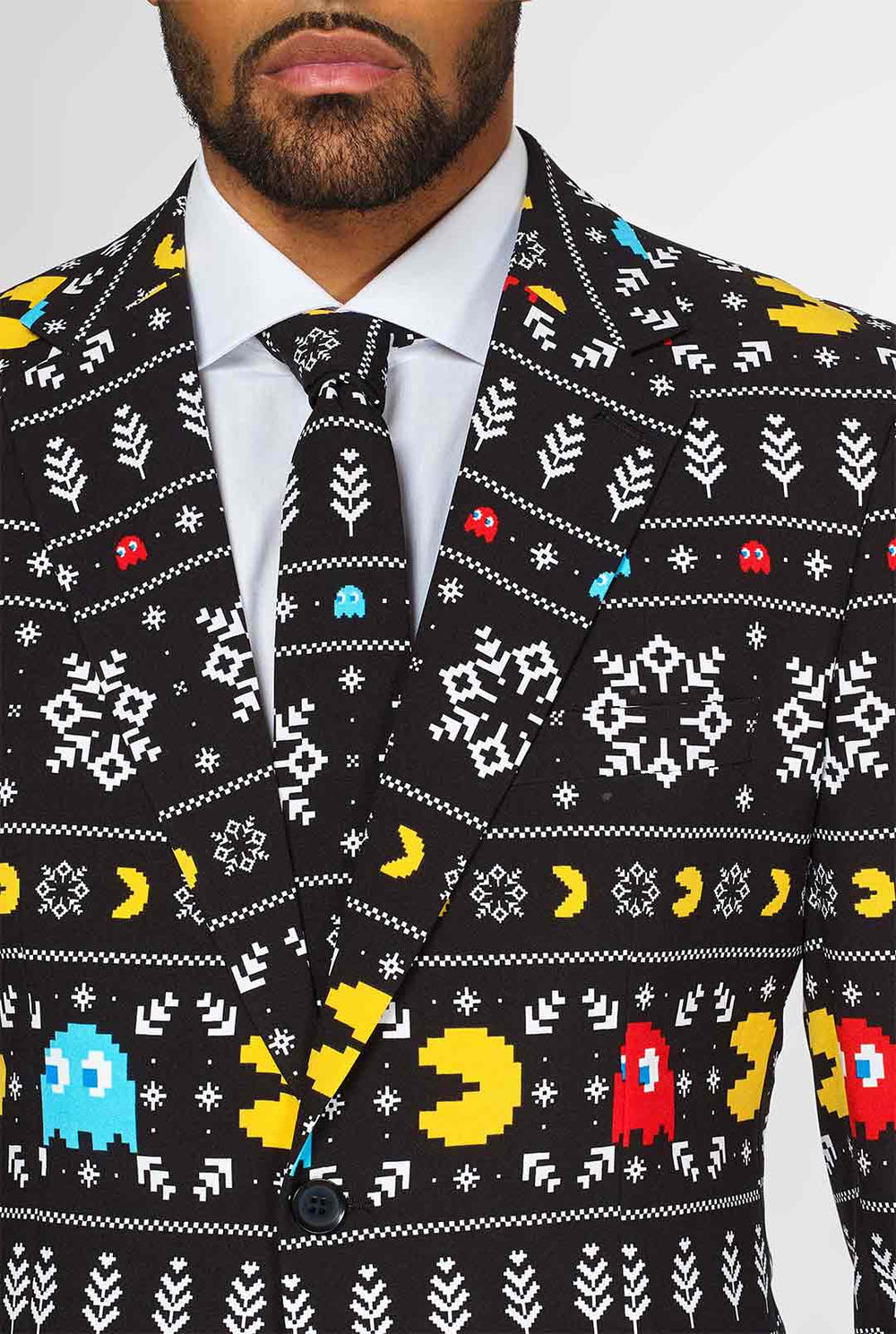Pac-Man suit with Christmas theme worn by man