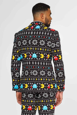 Pac-Man suit with Christmas theme worn by man
