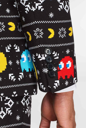 Pac-Man suit with Christmas theme worn by man