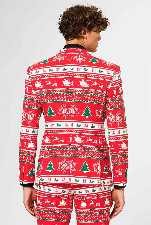 Man wearing red Christmas suit and black dress shirt