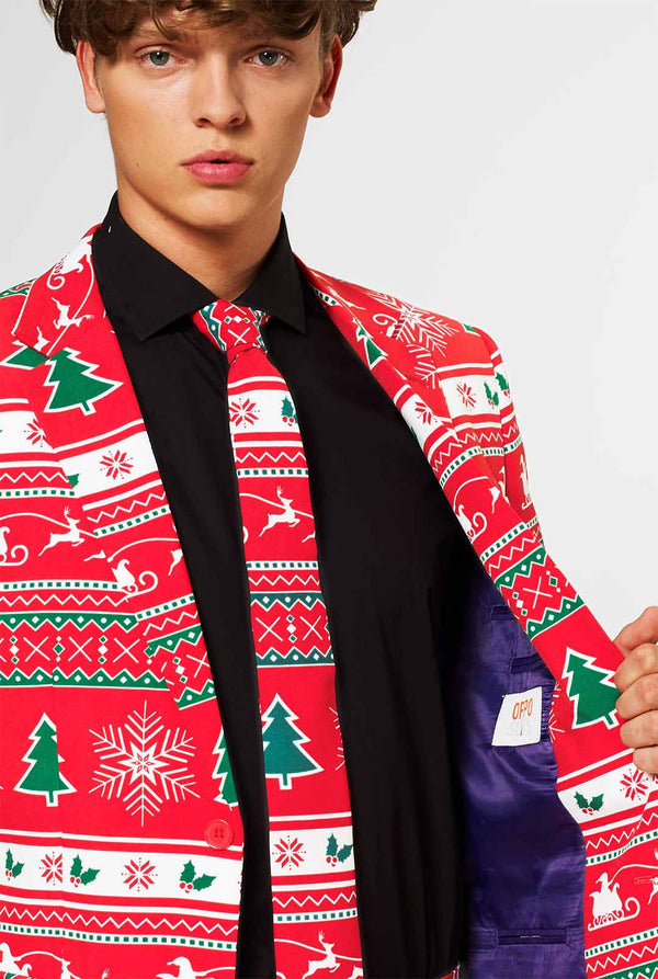 Man wearing red Christmas suit and black dress shirt