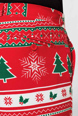 Man wearing red Christmas suit and black dress shirt