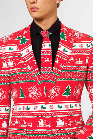 Man wearing red Christmas suit and black dress shirt